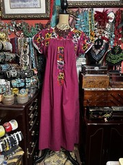 1970s Classic Oaxaca Mexican Burgundy Dress With Multi Colored Embroidery L