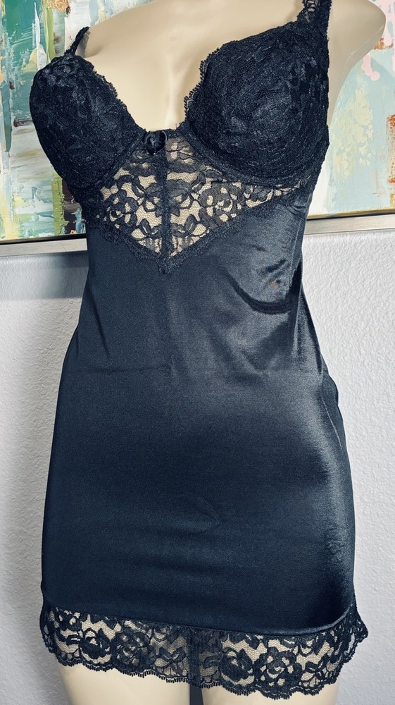 Vtg Lace Push Up Bra Nylon Dress Shaper Slip 38