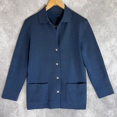 Vintage Knit Chore Jacket Women XS Blue 100% Wool Silver Buttons Cardigan USA
