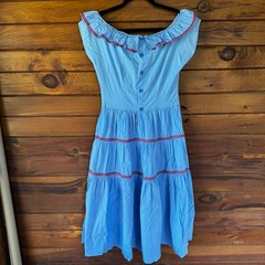 Vintage Handmade Blue Cotton Poplin Rick Rack Trim Fit & Flare Dress XS