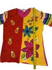 Vintage ARRIVISTE Funky Sweater Ramie Cotton Blend Colorful Embroidery Gems Sz M
