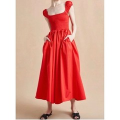 NWT La Ligne Vivan Midi Dress Poppy Red 100% Cotton Smocked Bodice Size 2X $295