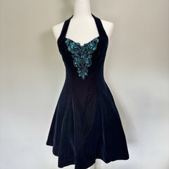 VTG 90s JUMP Velvet Beaded Halter Party Dress-7/8-Dark Green-Goth/Whimisgoth