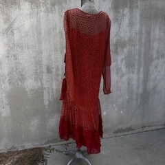 Antique 1920s Red Silk Chiffon Dress Polka Dot Asymmetrical Bow Marjone Vintage