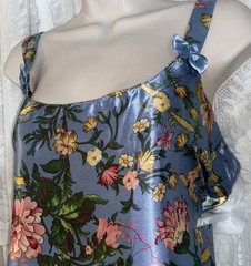 VTG 1X Azure Blue w Pink Green & Lemon Floral Satin Babydoll Nightie nightgown