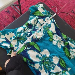 Vintage Sears Hawaii Floral Maxi Dress Turquoise Cotton Tiki 60s Empire Waist
