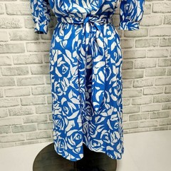 Vintage 80s California Look Blue Rose Belted Dress 8P USA Floral Retro Glam