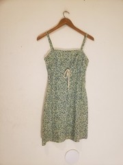 Vtg 90s La Belle Floral Cotton Summer Dress Drawstring Waist Sz 5 / S Green Blue