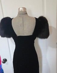 Vintage 1980s Victor Costa Black Velvet Dress with Mink Puff Sleeves, Size 6?