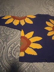 Express Tricot Cardigan Women One Size Blue Sunflower Hand Knitted Wool Vintage