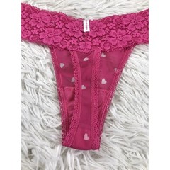 Vintage MY CHEEKS LACE & MESH PINK Hearts Sheer Lace Thong Panties O/S