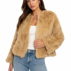 NWT Ethel Genuine Rabbit Fur Jacket Camel Beige Luxury Vintage Glam