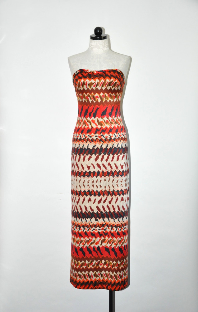 60s Vintage Red Orange Striped Bullet Bra Strapless Beach Cover Up Maxi Dress S