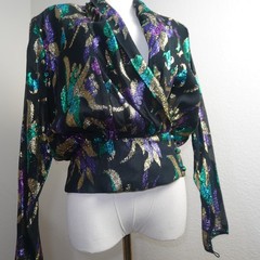 Vintage Anne Klein Black Metallic Abstract Blouse Purple Teal Gold Glam Top 80’s