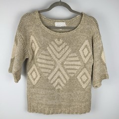 Vtg Jennifer Reed Hand Knitted Silk Blend SS Sweater M Natural Geometric Aztec