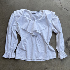 Vintage USA 100% Cotton White Ruffle Collar Long-Sleeve with Shoulder Pads Small