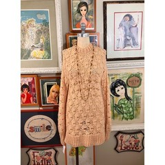 1970s Apricot Wool Blend Knit Sweater Dress Loose Crochet Pullover Tunic