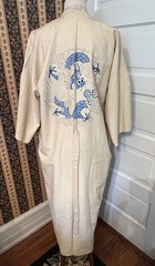 Vtg Chinese 1930s Dragon Kimono Robe Blue Embroidery Cream Linen Unisex EUC