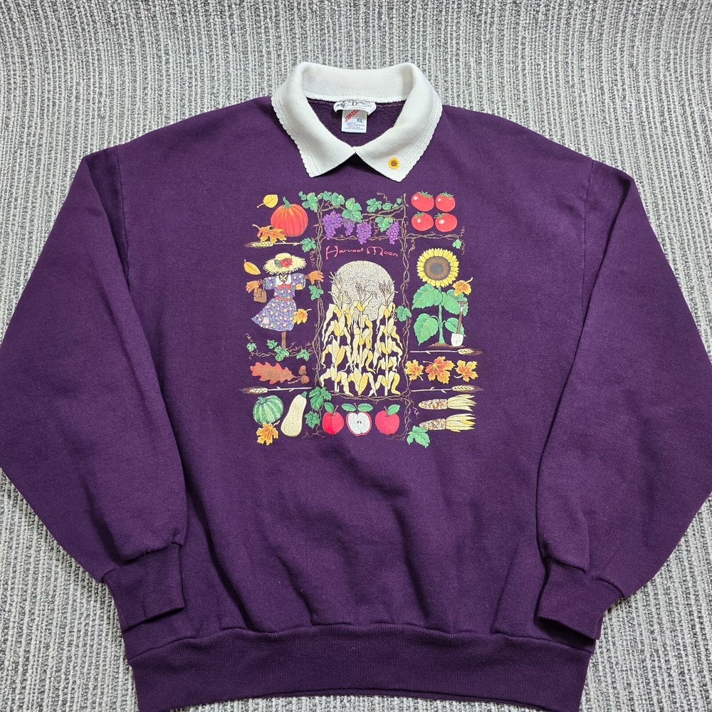 Vtg CRACKER BARREL JERZEES Collared Sweatshirt “Harvest Moon” – XL Plum – Granny