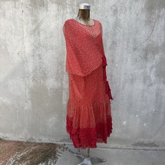 Antique 1920s Red Silk Chiffon Dress Polka Dot Asymmetrical Bow Marjone Vintage