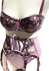Vtg NOS Bra Bikini Panty Garter Belt Set Secrets in Lace Satin Plum Purple M 34C