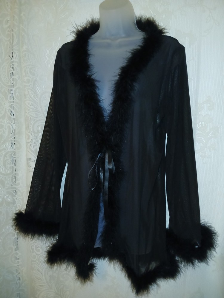 Vintage 90s Windsor Black Feather Maribou Sheer Nylon Peignoir Robe Pinup O/S