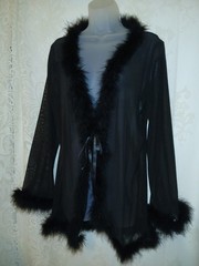 Vintage 90s Windsor Black Feather Maribou Sheer Nylon Peignoir Robe Pinup O/S