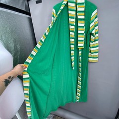 VTG 70s Terry Cloth Robe Green Yellow Striped Maxi Belted Loungewear M-XL Unisex