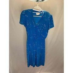 Vintage Maggy London 100% Silk Blue Abstract Bubble Print Dress V-Neck Size 6