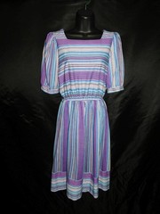 Vintage 70s Taurus S Purple Striped Midi Shift Dress Short Puff Sleeve Knit USA