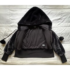 Y2K Bebe Faux Fur Womans M Crop Bommer Jacket Black Pom Poms Rhinestones RARE