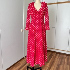 1970s Red Polka Dot Maxi Dress Ruffle Neck Prairie Empire Waist Summer Retro