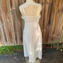 Vintage DENTELLE Off White Satin Bridal Slipdress GOWN Lace Pearls Sheer M