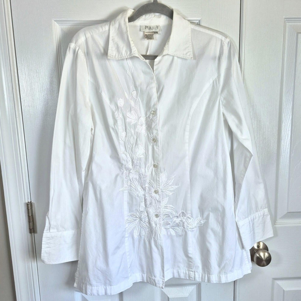 Vintage Puli white button down shirt floral embroidery women’s 12