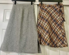 2 Vintage 1970s Women’s Wool Skirts, Gray Flannel & Plaid Tweed