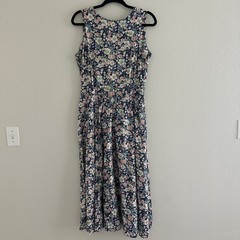 Vintage 80s Dress Large Sundress Floral Print Cotton Fit Flare Cottagecore