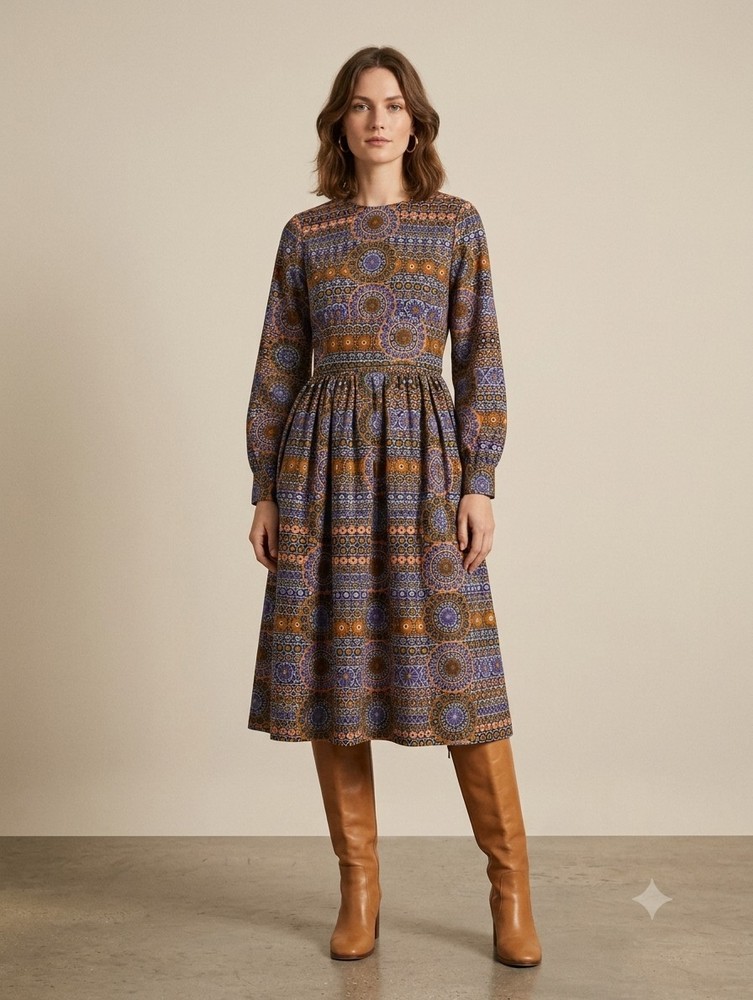 Vintage 70s JAEGER Mandala Geometric Dress UK 8.5 XS Bishop Sleeve Authentic Mod