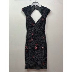 Climax Karen Okada Dress Womens 9/10 Black Pink Glitter Floral Keyhole Back USA