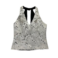 Vintage Silver Floral Brocade Halter Top 90s Y2K Evening Blouse Zip Back