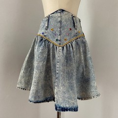 Vintage 1980s Studded Acid Wash Denim Mini Skirt High Waisted 26 27 in Waist