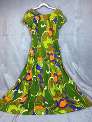 Vtg Ui Maikai Hawaiian Maxi Dress w/ Train Barkcloth 60s 70s Mod MCM Floral S
