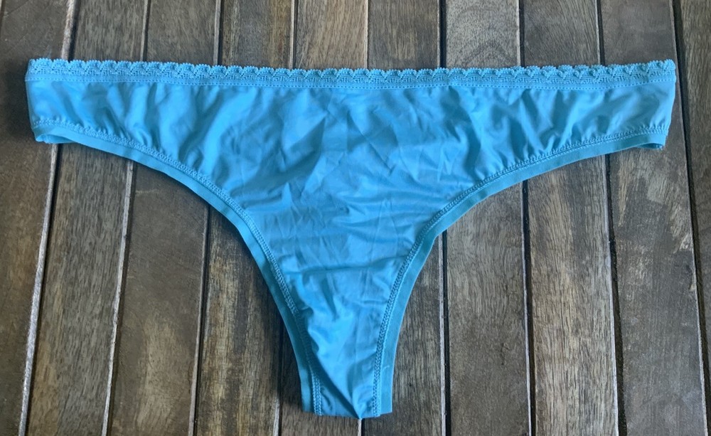Vtg 8 XL Turquoise Ex Low Silky Satin Thong Bikini Panties W Lace Trim