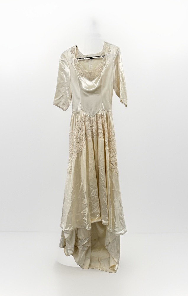 1930s Wedding Bridal Gown Ivory Liquid Satin & Embroidered Lace Train Handmade