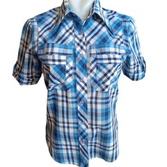 Small Womens Vintage Shirt 70’s Blue Plaid Blouse Shirt Boho Hippie Distress