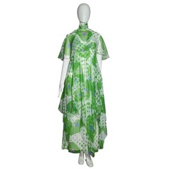 Vintage 1970s Green Chiffon Maxi Dress & Cape Set Polka Dot Floral Boho S XS