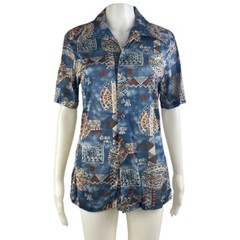 Vintage Geometric Print Blouse Size Small 1960s Dagger Collar Knit Nylon Shirt