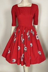 1950s Vintage Red Cotton White Painted Flower Fit Top Full Skirt Dress XS Jr