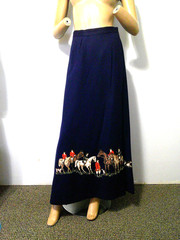 Vtg 70’s Equestrian English Riding Fox Hunt Applique Navy Wool Wrap Maxi Skirt S
