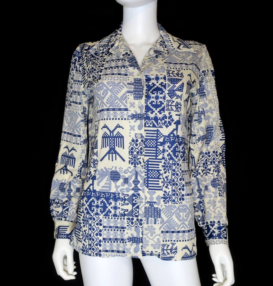 Vintage Devon 70s Atomic Funky Geometric Op-Art Disco Mod Polyester Shirt Small
