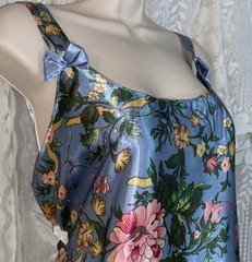 VTG 1X Azure Blue w Pink Green & Lemon Floral Satin Babydoll Nightie nightgown